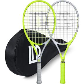 Adults Tennis Racket 2 Pack, Durable 27 Inch Coupled Tennis Racquet Light-Weight, Pre-Strung and Regrip, Suitable for Beginners to Intermediate Players