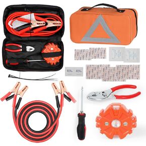 Car Safety Kit, NOONE Multifunctional Roadside Assistance Emergency Kits - First Aid Kit, Jumper Cables, LED Warning Light, Orange Strong Bag, Tools