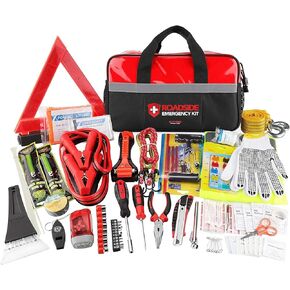 KITGO Roadside Emergency Car Kit (137Piece), with Jumper Cable, Car Safety Road Rescue Kit,Car Emergency Kit Gift for Father Women and Men,Tow Strap,Car Tool Kit (Black)