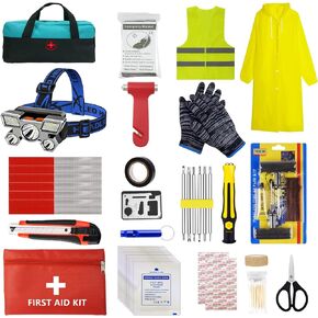 Car Emergency Kit, Car Safety Kit Without Jumper Cables, Emergency Roadside Kit, Safety Kit for Car, Auto Emergency Road Kit with Reflector Vest/Headlamp Flashlight for Men, Women, Teen