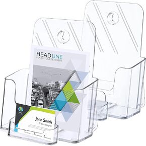 Remerry 6.5 Inch Wide Acrylic Brochure with Business Card Holder, Bifold Clear Brochure Display Stand Flyer Literature Magazine Pamphlet Booklet Holder for Desk or Wall Mount Display (2 Set)