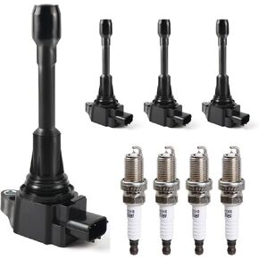 Ignition Coil Pack & Spark Plugs Compatible with L4 2.5L 2.0L 1.8L 1.6L 2007-2013 Nissan Altima Versa Sentra Rogue Cube-2007 2008 2009 2010 2011 2012 2013 2014 2015 2016 2017 2018, UF549, Set of 4