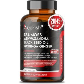 Sea Moss 9000mg Black Seed Oil 3600mg Ashwagandha 3000mg Bladderwrack 2000mg Burdock 3000mg, Vitamin C & D3 with Elderberry Manuka Dandelion Yellow Dock Chlorophyll ACV Moringa Ginger 120 Caps