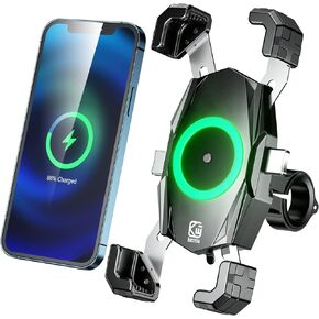 KEWIG Motorcycle Phone Mount with Qi 15W Wireless Charger & USB C 20W Fast Charging Port, One-Push Automatically Lock & Quick Release Waterproof Handlebar Phone Holder for 4.0-6.9" Phone
