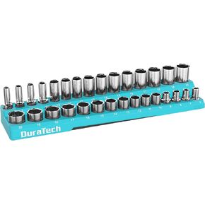 DURATECH Magnetic Socket Organizer, 1/4" Metric Socket Tray Holds 26 Pieces Standard & Deep Size Sockets, Magnetic Sockets Holder(Socket Not Included)