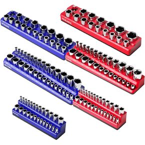 Socket Organizer Magnetic Socket Tray,NOEAIKE 6-Pack SAE & Metric 1/2,3/8,1/4 Inch Drive Socket Holder,Holds 141 Standard/Deep Sockets,Blue and Red Magnetic Socket Organizers(Sockets Not Included)