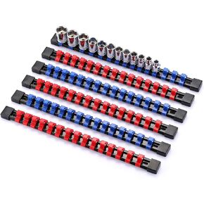 CASOMAN 6 Pieces 3/8" Drive Socket Organizer Rails, SAE And Metric Socket Holder Rail, Red & Blue Premium Quality Socket Holder, Mountable Sliding Tray Rack Tool Rail Holder, For 3/8-inch Socket Only