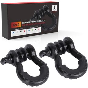 FieryRed 3/4 Inch D Ring Shackle 22,046Ibs Break Strength with 7/8 Inch Locking Pin,Black Isolator Washer Kits to Use With Tow Strap,Pack of 2