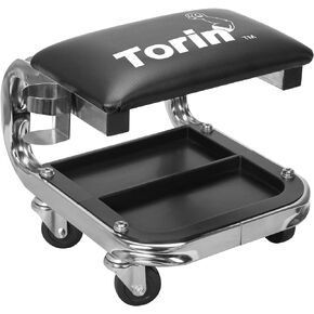 AR7451B Torin Heavy Duty Rolling Creeper Garage/Shop Seat: Padded Mechanic Stool with Tool Tray Storage and Cup Holder, Black