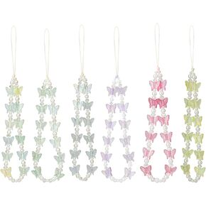 6 PCS Beaded Phone Lanyard Wrist Strap, Colorful Bead Phone Charm, Smiley Face Fruit Star Pearl Beaded Decoration Accessories for Keychain Phone Chain Strap (Cute)