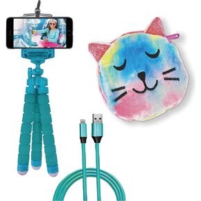 Skylar 3-Piece Smartphone Accessory Kit for Kids – Flexible Tripod, 6ft. Charging Cable, Plush Cat Carrying Case (Lucky Kitty) – Vlogging, Influencer Kit for Kids