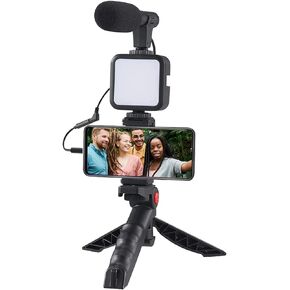 Video Microphone Vlogging Kit- Portable Studio Video Recording Microphone with Foldable mic Stand and Selfie Stick, Smartphone Camera Video Recording with 3 Brightness Level LED Light vlog