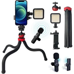 Kingbest lav mic Video vlogging Kit,(Flexible Tripod, Necktie Clip Mic, Camera Light, Phone Holder with Hot Shoe), Perfect for Kids, Vlogger Video Recording Fitness Yoga Tiktok/Zoom