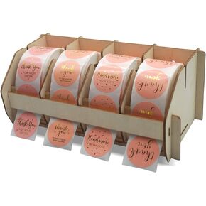 Adjustable Sticker Roll Holder Dispenser, Tabletop Wall Mounted Label Holder, Wooden Label Dispenser for Rolls, Stickers Roll Organizer Stand for Home, Office, Classroom (4 Compartments)