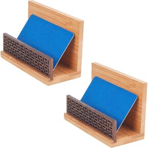 2PCS Bamboo Wood Business Card Holder Retro Garden Style Business Card Display Stand Natural Bamboo Cards Case for Desk Desktop Office Tables Organizer