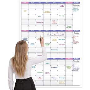 BooQool Large Dry Erase Calendar for Wall - Undated 3 Month Calendar, 27.7'' x 40'', Erasable & Reusable Laminated White Board with 8 Round Stickers, Vertical Layout Home, Office and School