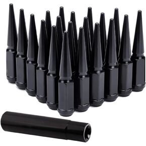 20PCS 1/2-20 Black Cone/Conical Bulge Seat Wheel Spike Lug Nuts with 1 Socket Key Compatible with Dodge Ram Nitro Wrangler JK Liberty Grand Cherokee Ford Explorer Edge Mustang GT Freestar