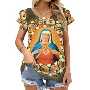 Our Lady of Guadalupe Virgin Mary Women All-Print V-Neck Short-Sleeved Blouse Ruffled Short-Sleeved V-Neck T-Shirt