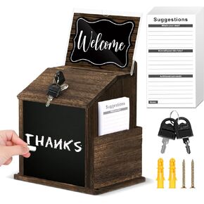 Wood Suggestion Box with Lock Wall Mounted Ballot Box Donation BoxAcrylic Sign Holder Chalkboard 100 Cards with Storage Tip Jar Raffle Ticket Box Collection Box for Ballot Tip Comment, 9x7x10In