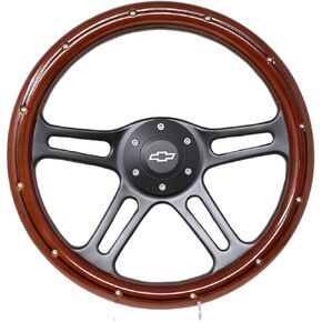 14" Billet Black Aluminum Steering Wheel w/Real Mahogany Wood Rivet Half wrap & Chevy Engraved Horn