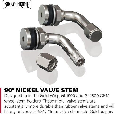 Show Chrome 90 Degree Nickel-Plated Brass Angled Valve Stem for Motorcycle 2-Pack - Fits Honda GL1800/GL1500, Universal .453/11mm Holes - Durable Metal Stems for Goldwing Wheels in Saudi Arabia