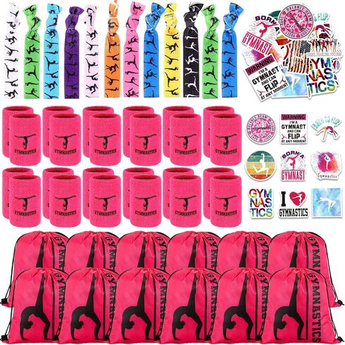 136 Pcs Gymnastic Gift Set Gymnastics Party Favor for Girl Birthday Drawstring Backpack Wristband Sweatband Gymnastics Bag Ponytail Holder Hair Tie Temporary Tattoo Gymnastic Sticker in Saudi Arabia