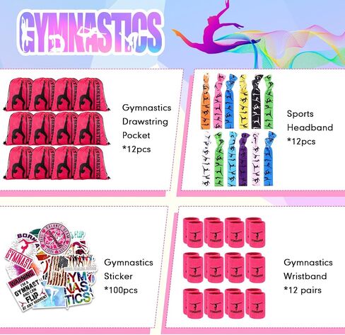 136 Pcs Gymnastic Gift Set Gymnastics Party Favor for Girl Birthday Drawstring Backpack Wristband Sweatband Gymnastics Bag Ponytail Holder Hair Tie Temporary Tattoo Gymnastic Sticker in Saudi Arabia