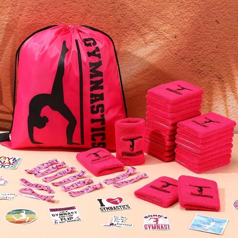 136 Pcs Gymnastic Gift Set Gymnastics Party Favor for Girl Birthday Drawstring Backpack Wristband Sweatband Gymnastics Bag Ponytail Holder Hair Tie Temporary Tattoo Gymnastic Sticker in Saudi Arabia