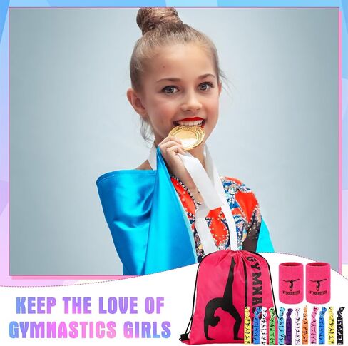 136 Pcs Gymnastic Gift Set Gymnastics Party Favor for Girl Birthday Drawstring Backpack Wristband Sweatband Gymnastics Bag Ponytail Holder Hair Tie Temporary Tattoo Gymnastic Sticker in Saudi Arabia