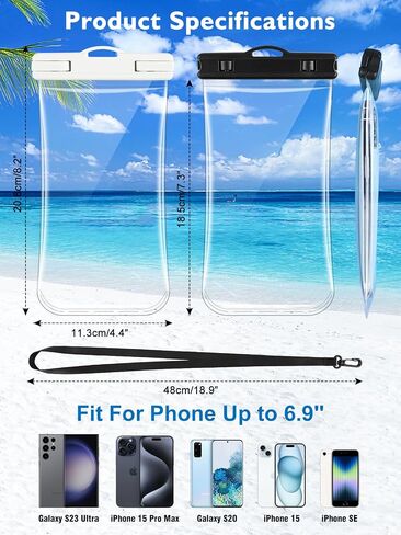 قطعتان من جراب الهاتف المقاوم للماء، حافظة هاتف شفافة مقاومة للماء لهاتف iPhone 15 Pro Max 14 13 12 11 Plus Samsung حتى 6.9 بوصة، حقيبة جافة للهاتف المحمول مقاومة للماء IPX8 للغطس في حمام السباحة والشاطئ in Saudi Arabia