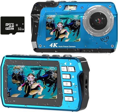 Waterproof Digital Camera, Underwater Camera with 32GB Card(Installed), 4K FHD 48MP Dual-Screen Selfie Under Water Camera for Photography, 10FT Waterproof Camera for Snorkeling, Surfing, Rafting in Kuwait