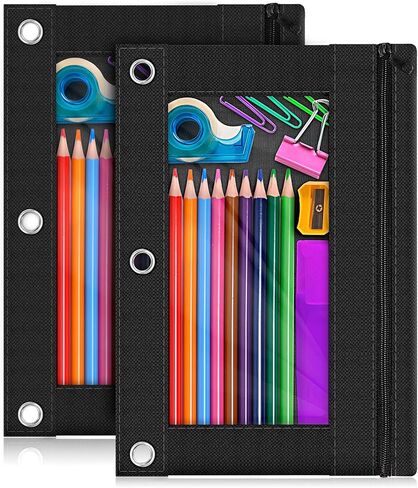 Officygnet Pencil Pouch for 3 Ring Binder, 2 Packs Binder Pencil Case with Smooth Zipper, Clear Window Pencil Case for Storing School Office Supplies, Cloth Pencil Bag for 3 Hole Binder (Black) in Saudi Arabia