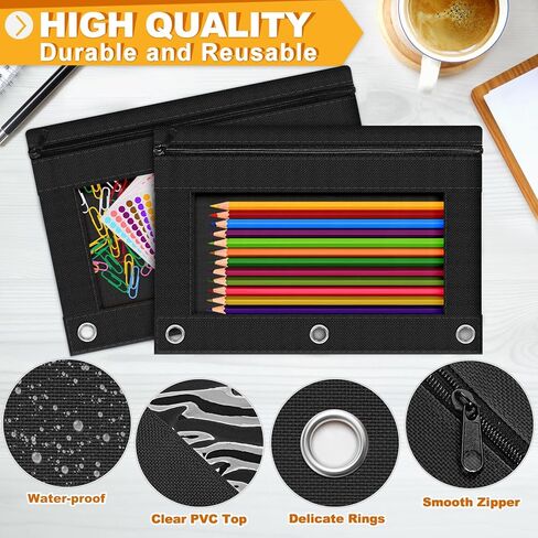 Officygnet Pencil Pouch for 3 Ring Binder, 2 Packs Binder Pencil Case with Smooth Zipper, Clear Window Pencil Case for Storing School Office Supplies, Cloth Pencil Bag for 3 Hole Binder (Black) in Saudi Arabia