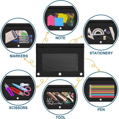 Officygnet Pencil Pouch for 3 Ring Binder, 2 Packs Binder Pencil Case with Smooth Zipper, Clear Window Pencil Case for Storing School Office Supplies, Cloth Pencil Bag for 3 Hole Binder (Black) in Saudi Arabia