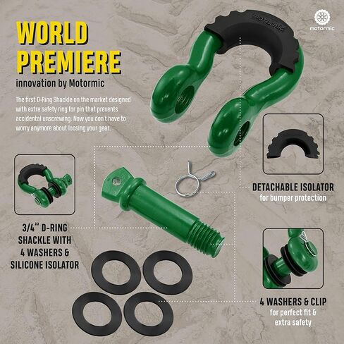 أغلال حلقة D فريدة من نوعها مكونة من قطعتين فضية - 3/4 بوصة Clevis مع دبوس أمان 7/8 بوصة بحد أقصى 57000 رطل نقطة كسر - 2 عوازل سوداء، 8 غسالات - حزام سحب للاستخدام الشاق، ونش، على الطرق الوعرة، سحب in Kuwait