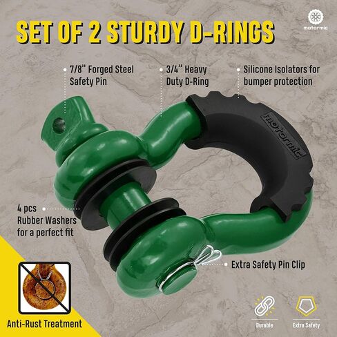 أغلال حلقة D فريدة من نوعها مكونة من قطعتين فضية - 3/4 بوصة Clevis مع دبوس أمان 7/8 بوصة بحد أقصى 57000 رطل نقطة كسر - 2 عوازل سوداء، 8 غسالات - حزام سحب للاستخدام الشاق، ونش، على الطرق الوعرة، سحب in Kuwait