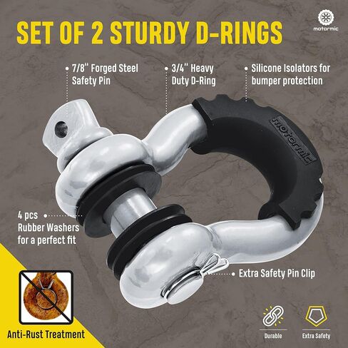 أغلال حلقة D فريدة من نوعها مكونة من قطعتين فضية - 3/4 بوصة Clevis مع دبوس أمان 7/8 بوصة بحد أقصى 57000 رطل نقطة كسر - 2 عوازل سوداء، 8 غسالات - حزام سحب للاستخدام الشاق، ونش، على الطرق الوعرة، سحب in Saudi Arabia