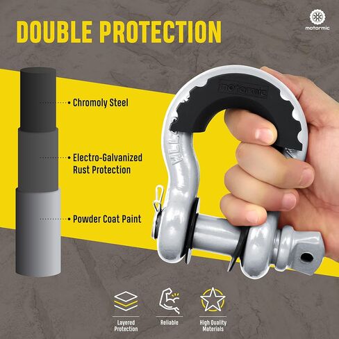 أغلال حلقة D فريدة من نوعها مكونة من قطعتين فضية - 3/4 بوصة Clevis مع دبوس أمان 7/8 بوصة بحد أقصى 57000 رطل نقطة كسر - 2 عوازل سوداء، 8 غسالات - حزام سحب للاستخدام الشاق، ونش، على الطرق الوعرة، سحب in Saudi Arabia