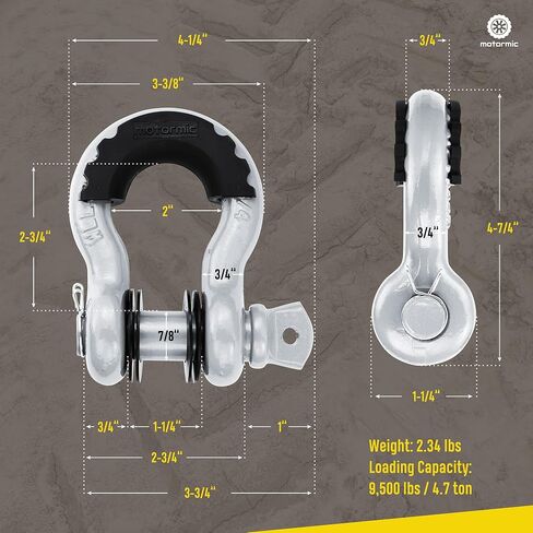 أغلال حلقة D فريدة من نوعها مكونة من قطعتين فضية - 3/4 بوصة Clevis مع دبوس أمان 7/8 بوصة بحد أقصى 57000 رطل نقطة كسر - 2 عوازل سوداء، 8 غسالات - حزام سحب للاستخدام الشاق، ونش، على الطرق الوعرة، سحب in Saudi Arabia