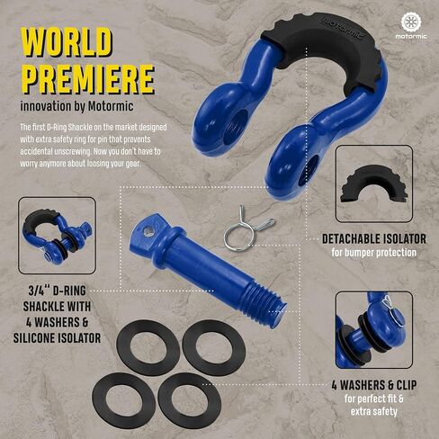 أغلال حلقة D فريدة من نوعها مكونة من قطعتين فضية - 3/4 بوصة Clevis مع دبوس أمان 7/8 بوصة بحد أقصى 57000 رطل نقطة كسر - 2 عوازل سوداء، 8 غسالات - حزام سحب للاستخدام الشاق، ونش، على الطرق الوعرة، سحب in Saudi Arabia