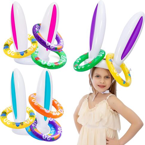 لعبة الرمي على شكل حلقة أذن أرنب قابلة للنفخ من JOYIN (3 مجموعات و18 حلقة)، آذان أرنب زرقاء ووردية وأرجوانية وحلقات ملونة للعبة الرمي القابلة للنفخ، لعبة داخلية وخارجية لمستلزمات حفلات عيد الفصح in Saudi Arabia