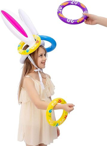 لعبة الرمي على شكل حلقة أذن أرنب قابلة للنفخ من JOYIN (3 مجموعات و18 حلقة)، آذان أرنب زرقاء ووردية وأرجوانية وحلقات ملونة للعبة الرمي القابلة للنفخ، لعبة داخلية وخارجية لمستلزمات حفلات عيد الفصح in Saudi Arabia