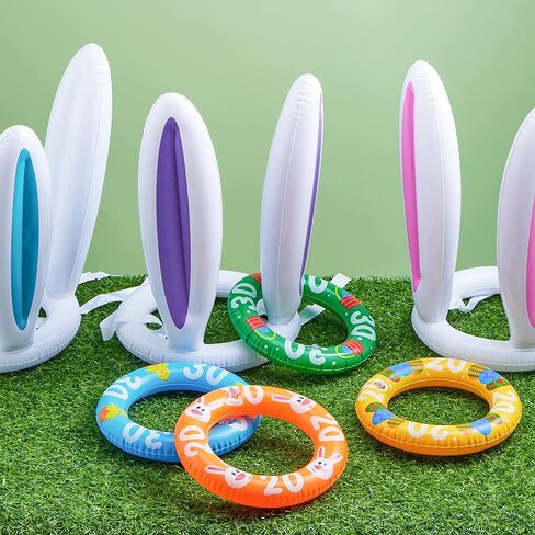 لعبة الرمي على شكل حلقة أذن أرنب قابلة للنفخ من JOYIN (3 مجموعات و18 حلقة)، آذان أرنب زرقاء ووردية وأرجوانية وحلقات ملونة للعبة الرمي القابلة للنفخ، لعبة داخلية وخارجية لمستلزمات حفلات عيد الفصح in Saudi Arabia