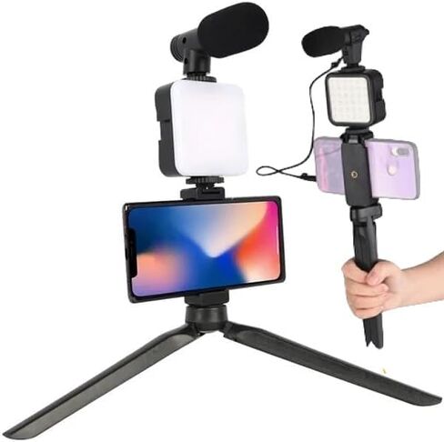 مجموعة تسجيل فيديو منخفضة للهواتف الذكية، لأجهزة Apple وAndroid، تتضمن كابل USB-C وiPhone Lightning، ومجموعة YouTube Starter، ومعدات البودكاست، وحامل ثلاثي القوائم، وميكروفون Shotgun، وإضاءة LED، وحامل هاتف in Kuwait