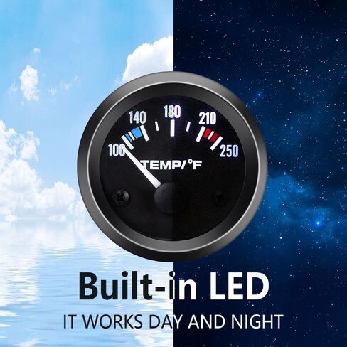 مقياس درجة حرارة الماء مع إضاءة خلفية LED - مقياس درجة حرارة الماء الاحترافي 2 بوصة 100-250 درجة فهرنهايت لمراقبة سائل تبريد محرك السيارة - مقاييس سيارة عالمية 12 فولت مناسبة لسيارة الدفع الرباعي والشاحنة البحرية in Kuwait