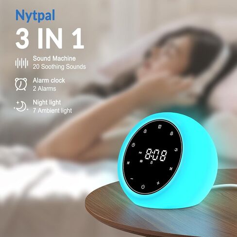 Nytpal Alarm Clock White Noise Sound Sleep Machine for Baby/Adults, 6 Colors Night Light 20 Soothing Sounds, Portable Rechargeable in Saudi Arabia