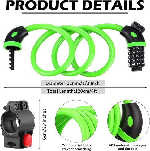 Sadnyy 4 Pcs Bike Lock 4 Feet Bike Lock Cable 5 Digit Resettable Combination Code Security Coiling Bicycle Lock 2/5 Inch Diameter with Mounting Bracket for Bicycle Outdoors (Black, Green, Pink, Blue) in Saudi Arabia