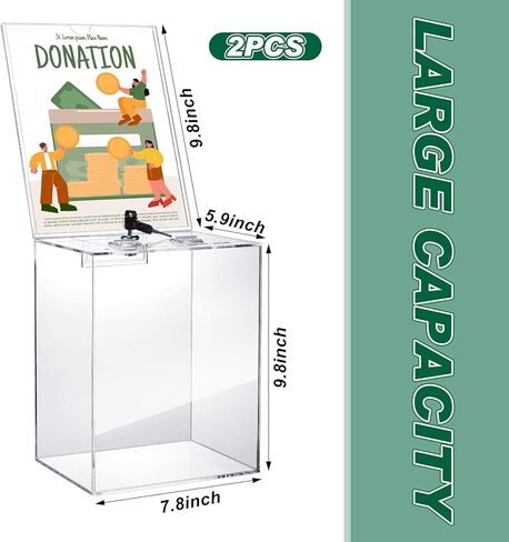 Teling 2 Pack صندوق تبرعات أكريليك كبير، صندوق اقتراحات، صندوق تذكرة مع قفل مفتاح، صندوق اقتراع شفاف، حاوية تخزين، وعاء طرف لجمع اقتراحات الأعمال الخيرية للتصويت، 5.9 × 7.8 × 9.8 بوصة in Kuwait