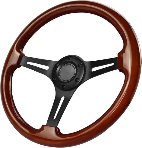 Universal Racing/Golf Cart Steering Wheel, 13.8" 6 Bolts Wood Grain Racing Steering Wheel Classic Nostalgia Style with Horn Button Vintage(Frosted Black) in Saudi Arabia