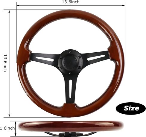Universal Racing/Golf Cart Steering Wheel, 13.8" 6 Bolts Wood Grain Racing Steering Wheel Classic Nostalgia Style with Horn Button Vintage(Frosted Black) in Saudi Arabia